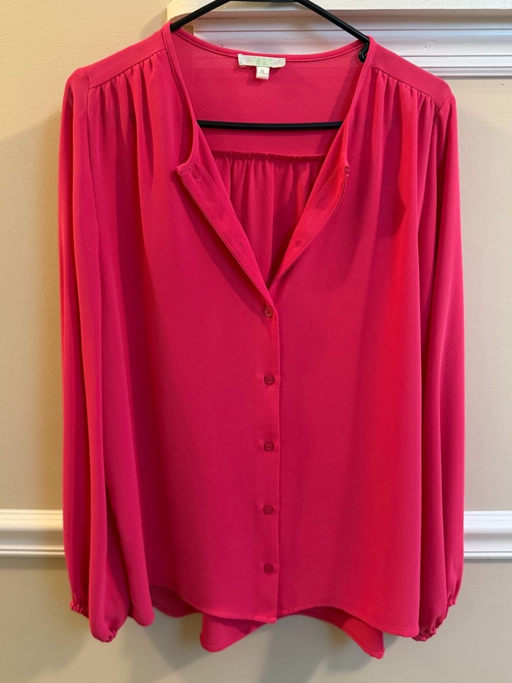 Jade Vibrant Fuchsia Button Down Balloon Sleeve Dress Top